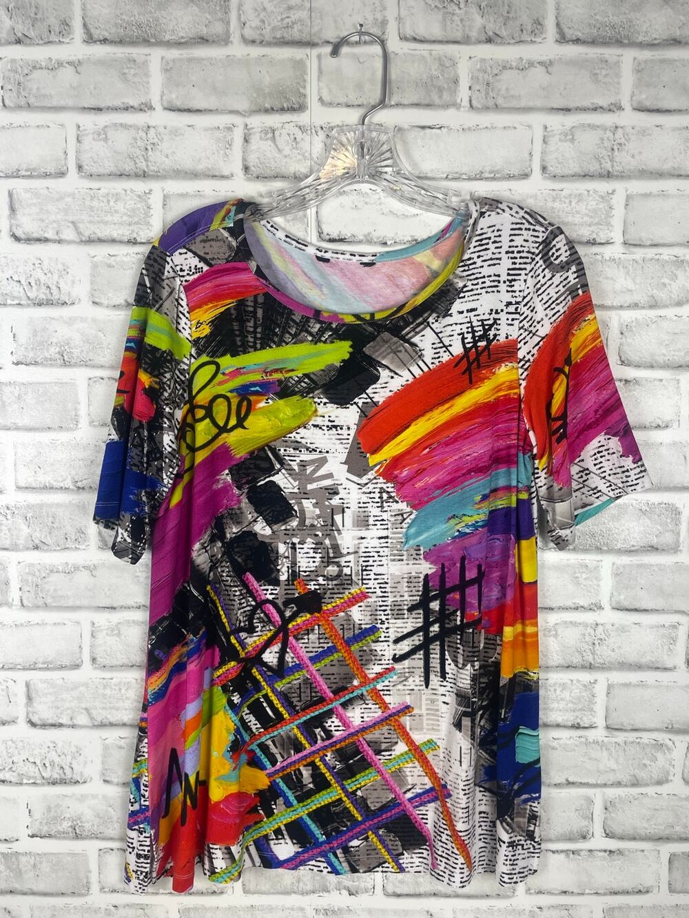 Colorful Abstract Art Graffiti Newspaper Print Top (Fits like Women's M)